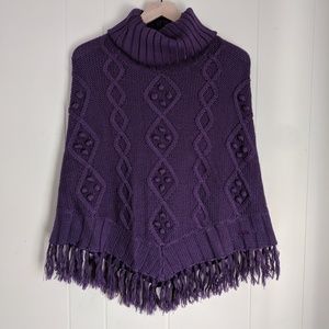 FUBU Rare Purple Pom Fringe Wool Blend Poncho